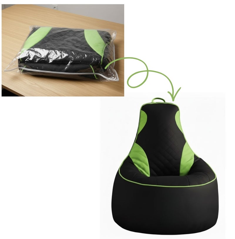 VELMORE Gaming Bean Bag Chair Cover ONLY – NO FILLING / WITHOUT BEANS | High-Back Quilted Seat, Side Pockets, Headphone Hanger & Water-Repellent Fabric - Green - Image 1